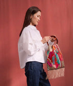 Beige Silk Luxury Handbag with gold fringe