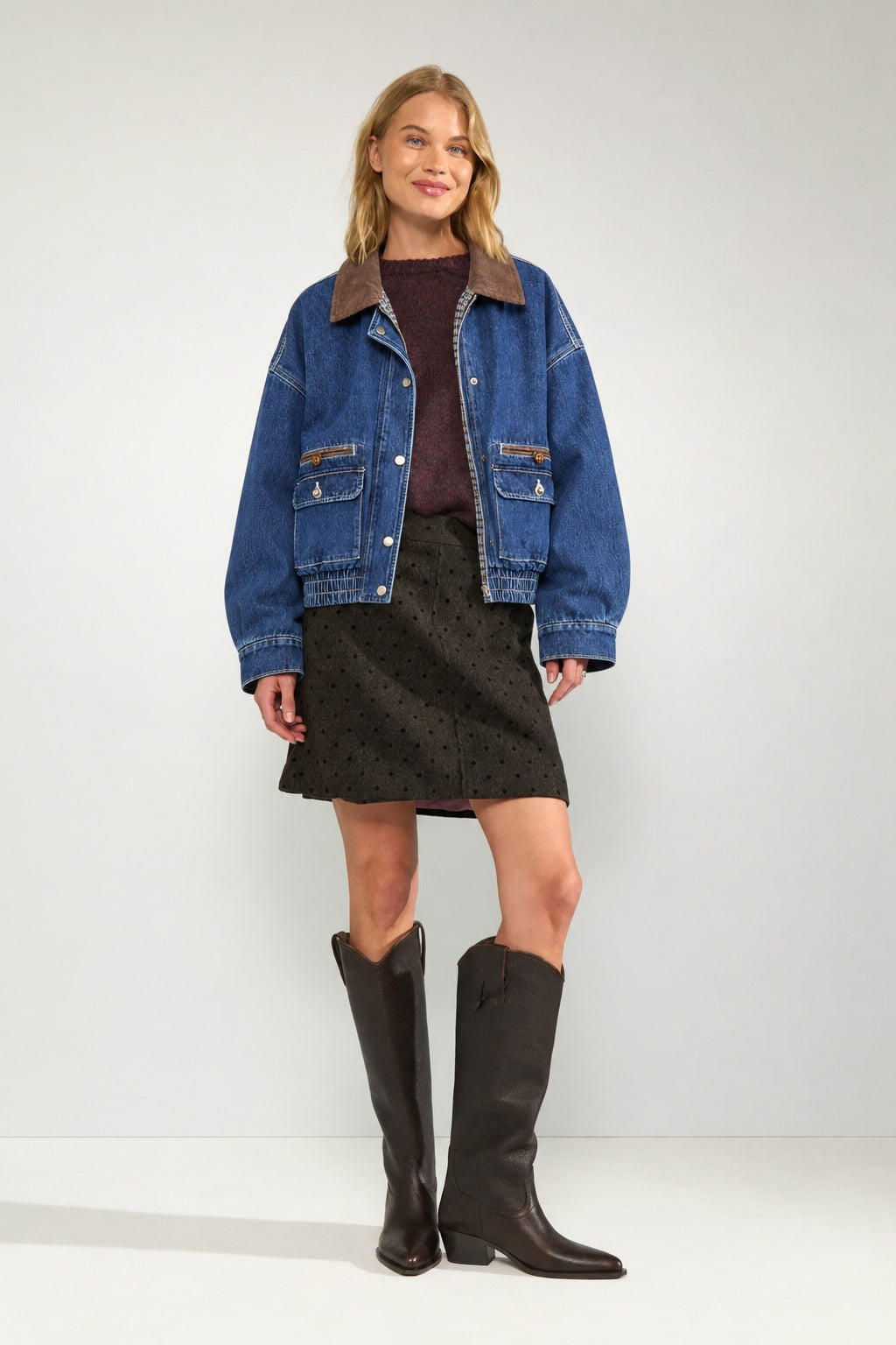 Denim Vintage Bomber Jacket with Curdoroy Neck