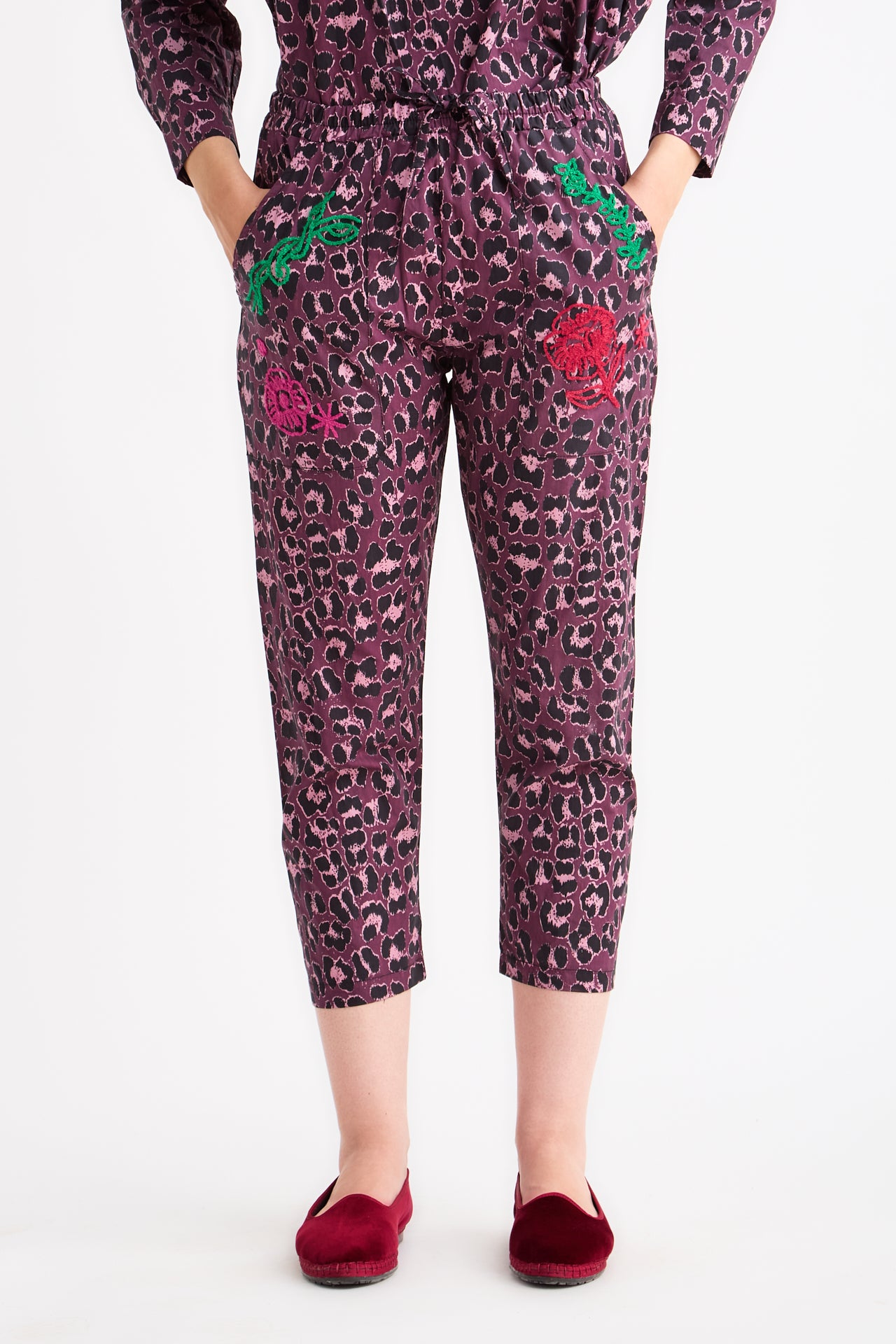 Purple Animal Print Trousers with Embroidery