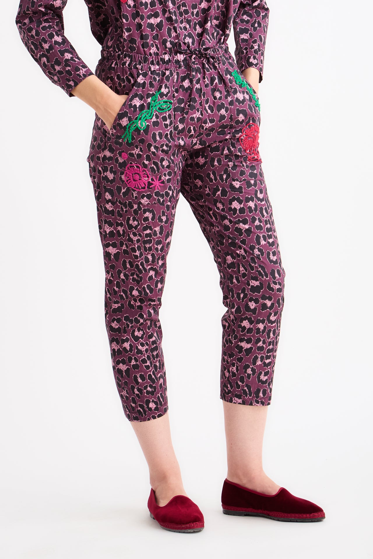 Purple Animal Print Trousers with Embroidery