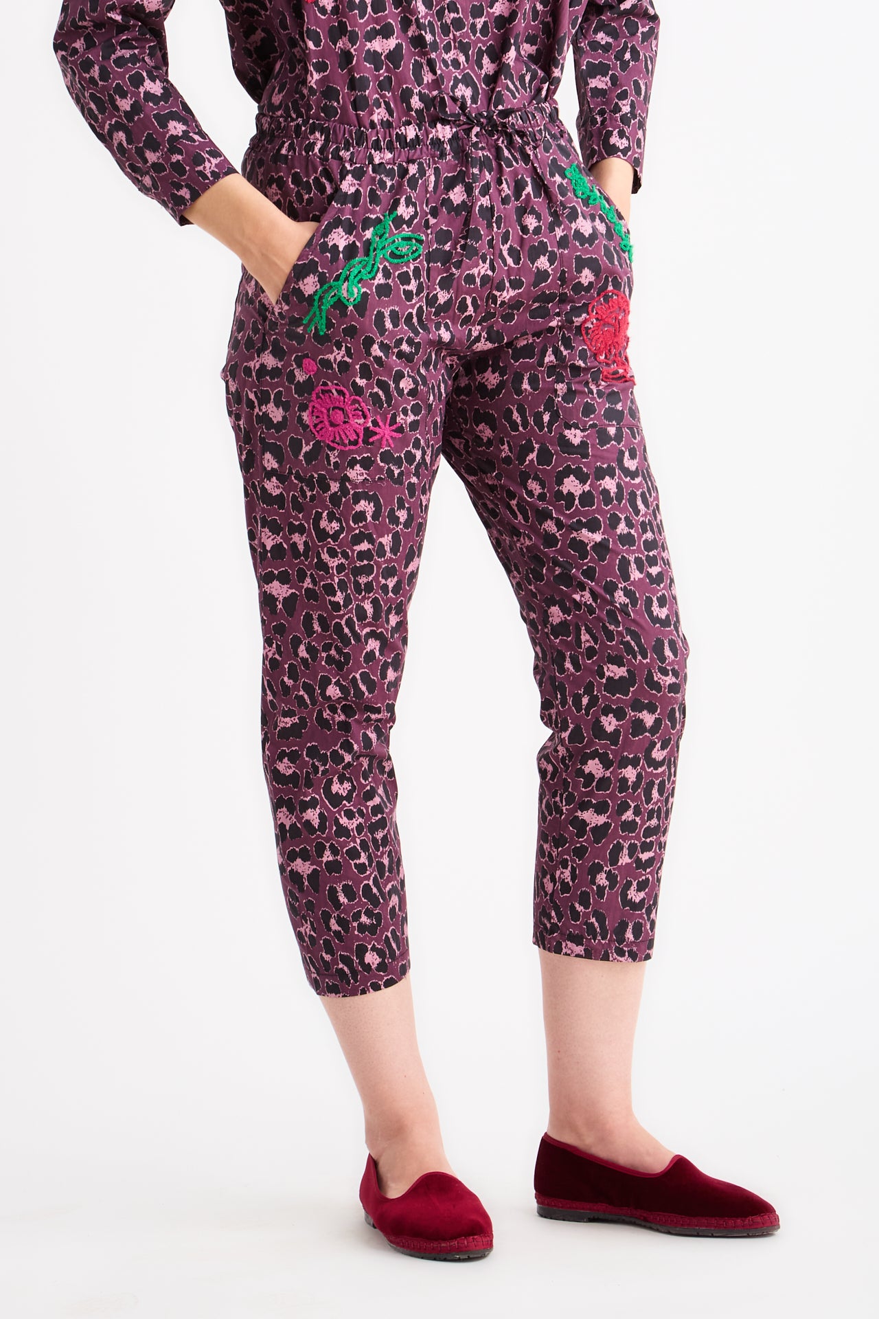 Purple Animal Print Trousers with Embroidery