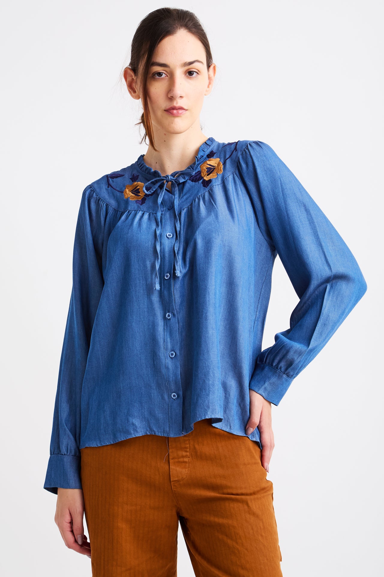 Blue Shirt with Ruffled Neck and embroidered Flowers