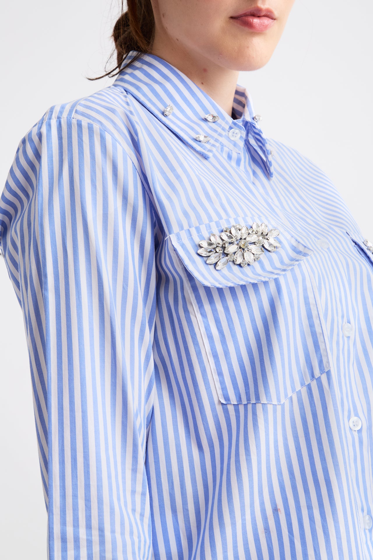 Close-up of a person wearing a blue and white striped shirt with a decorative brooch.