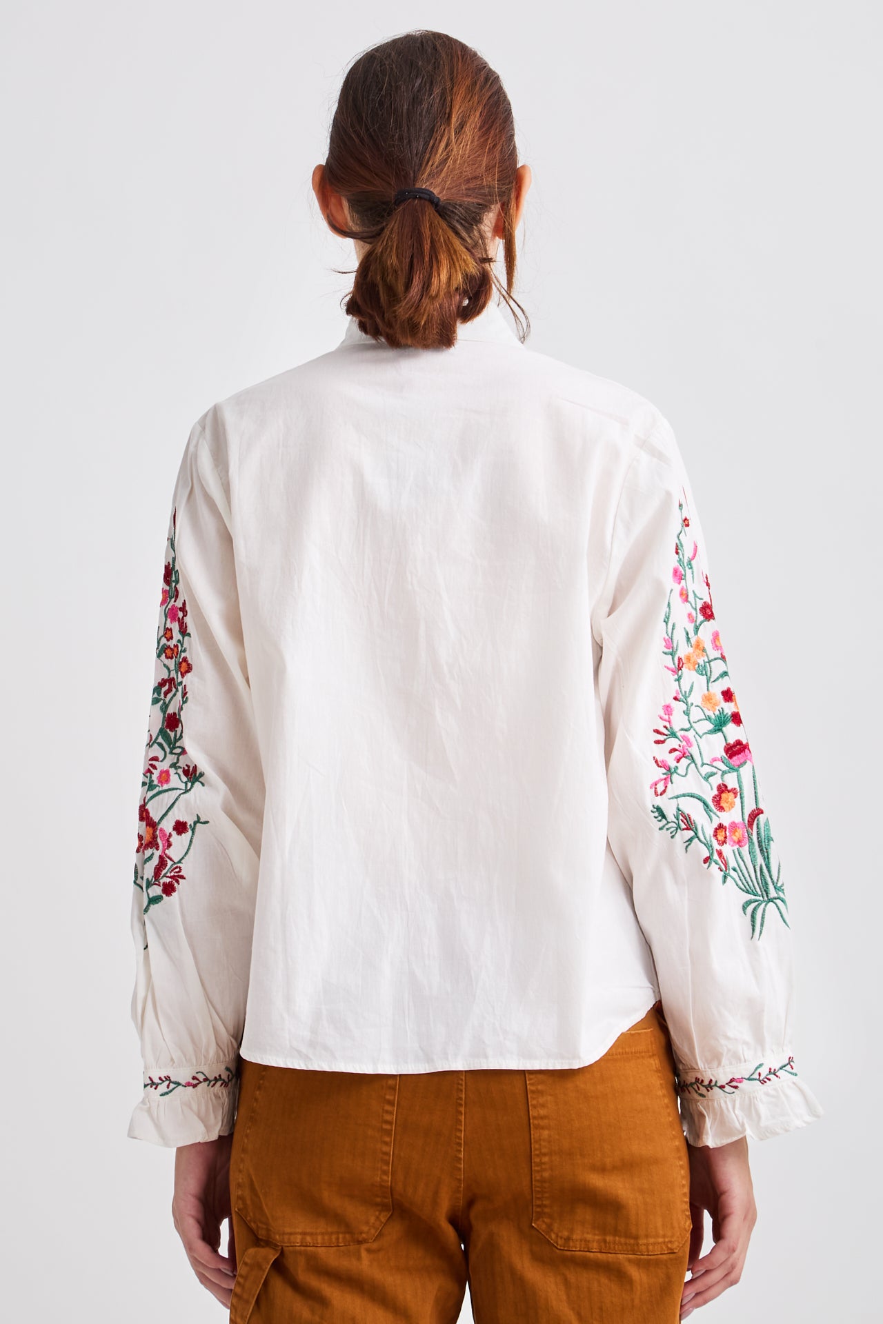 Person wearing a white blouse with floral embroidery on sleeves against a white background