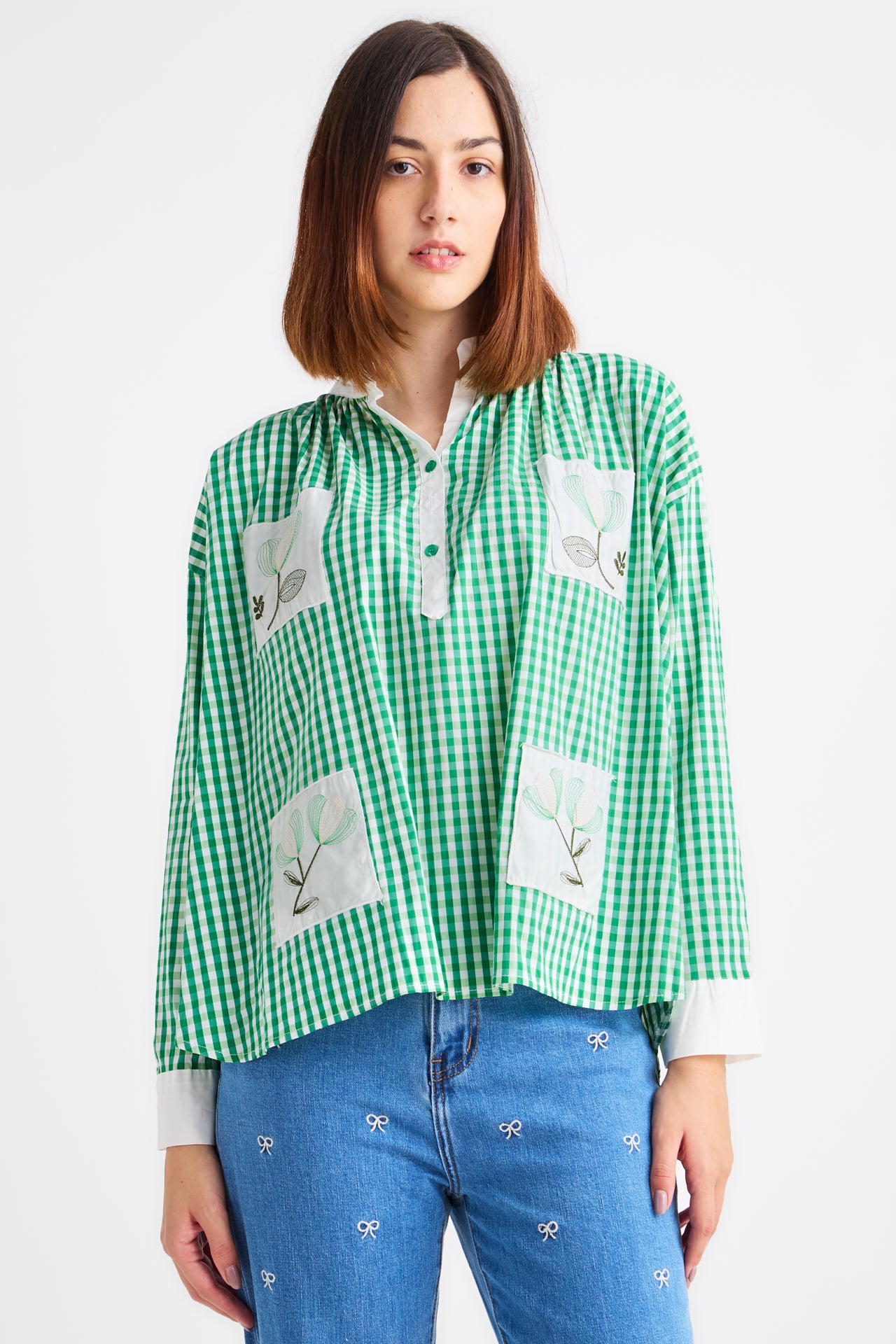 White Green Shirt Squared with Pockets & Flowers
